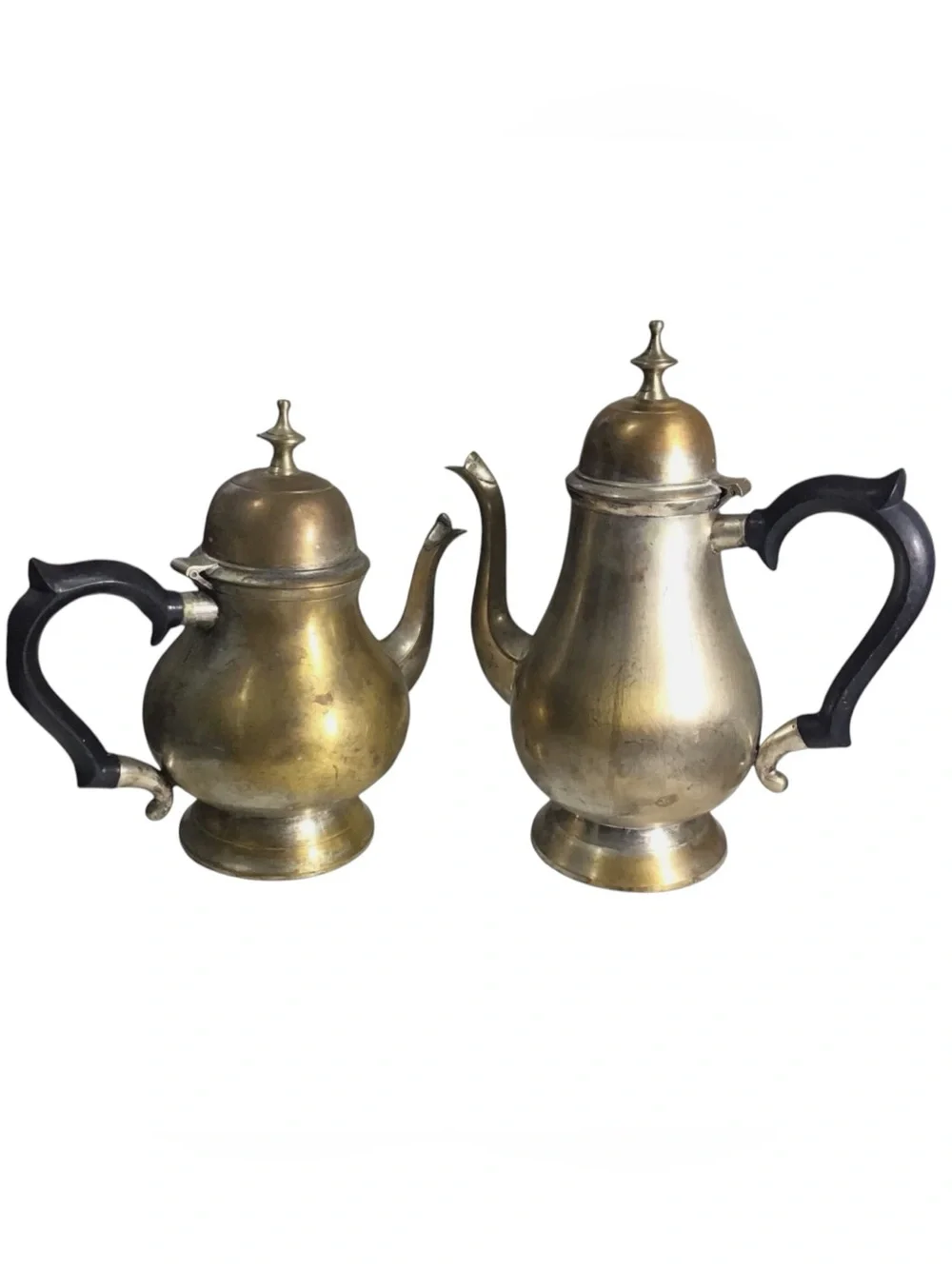 Vintage EPNS Coffee Tea Pot Pair Brass Tone 8.5” 10” Black Handles India